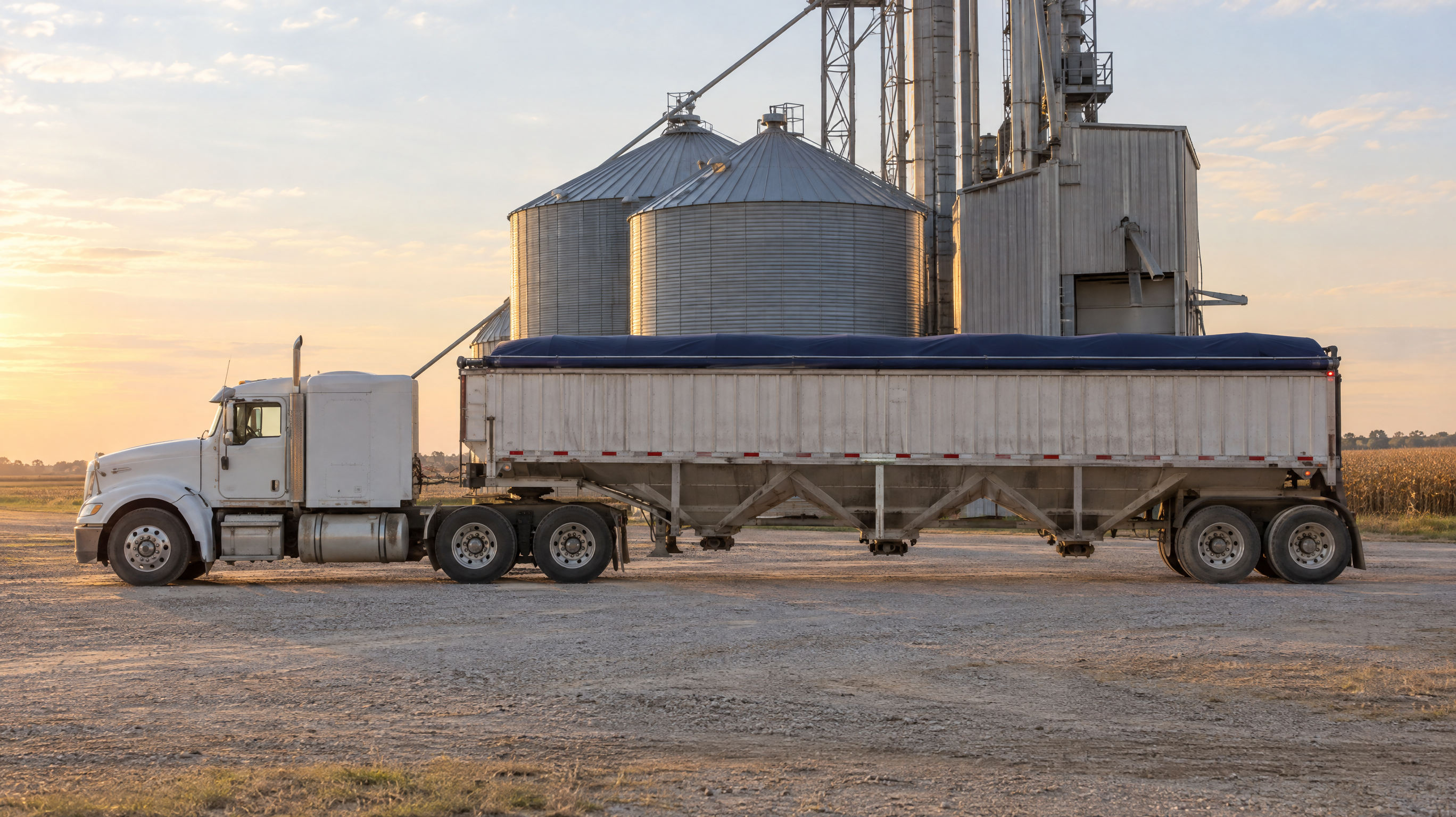 Semi truck with a hopper bottom grain trailer, navy roll tarp closed, waiting at a rural grain elevator at harvest.
